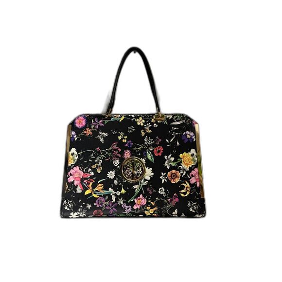 Dasein Black Floral Structured Satchel Tote Purse Gold Hardware Handbag - Picture 1 of 9